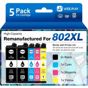 Weemay Remanufactured Replacement for Epson 802XL Ink Cartridges for Epson Printer Works with Workforce Pro WF-4734 WF-4740 WF-4730 WF-4720 EC-4020 EC-4030 (2 Black, 1 Cyan, 1 Mangenta, 1 Yellow)