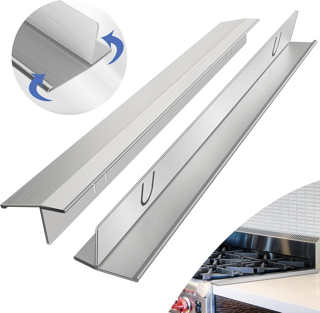 2 x Stove Gap Covers Stainless Steel 2 Packs, 13.8~27.6 Inch Adjustable Heat Resistant Not Sharp Gap Filler, Easy to Clear Stove Counter Gap Cover Suitable for Even Surface (Silver)