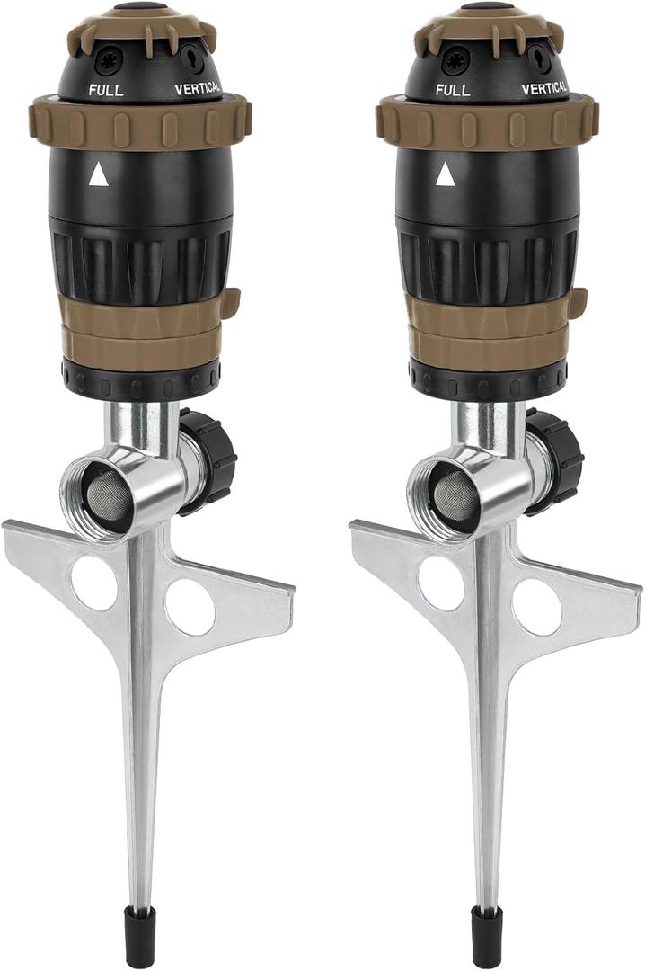[2 Pack] RESTMO Gear Drive Sprinkler with Metal Spike Base, 5-Pattern Heavy Duty Gardening Watering System, Multi-Adjustable Lawn Sprinkle for Garden Plant, Flower Bed and Large Yard Area, Brown