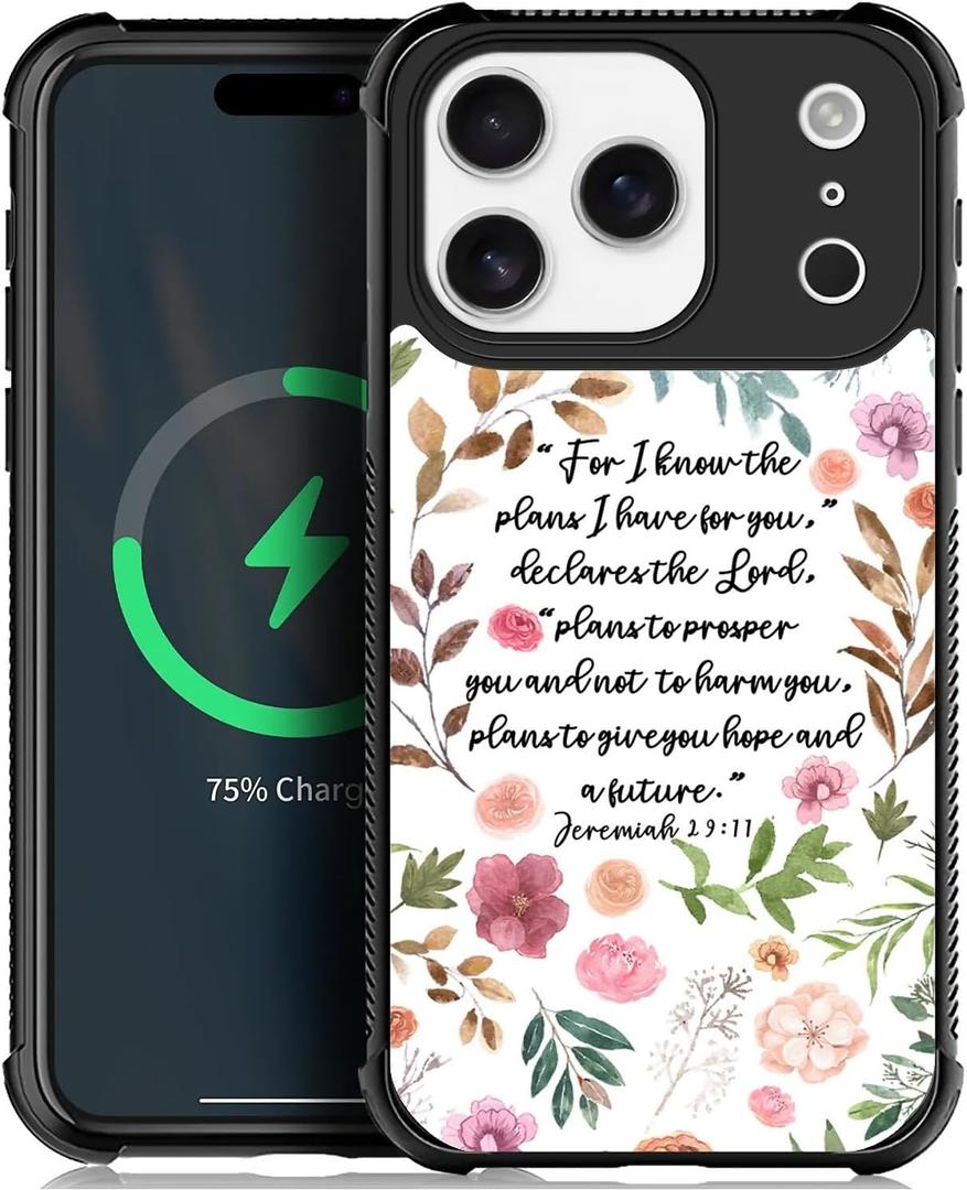Case for iPhone 17 Pro [Compatible with Magsafe], W Bible Verses Floral Inspirational Soft TPU Bumper Hard PC Back Anti-Fall Shockproof Protective Magnetic Cover
