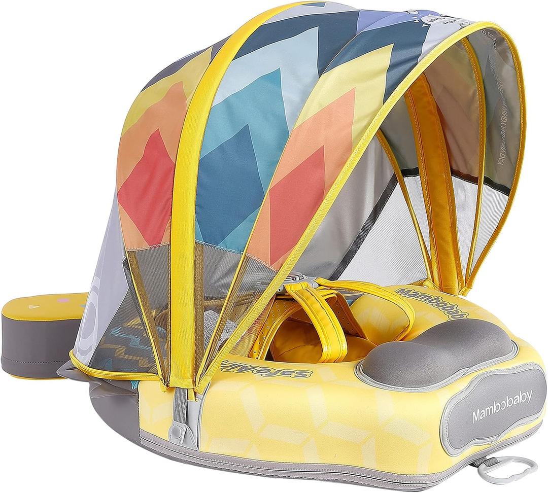 Mambobaby Float Upgrade Add Tail Baby Float with Canopy for Infant Waist Swimming Ring Swim Trainer Non-Inflatable Floats Toys with Adjustable Safety Strap (Yellow - Colorful Fish), 22 inches x 22"