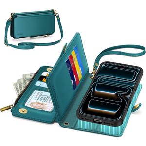 TUCCH Detachable Crossbody Wallet Case for iPhone 17 Pro Max (6.9"), 10 Card Slots RFID Blocking | Lanyard Wrist Strap | Wireless Charging | Zipper Pocket | PU Leather Stand Flip Cover | Bluish Green
