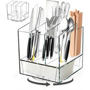 Cididu Acrylic Utensil Holder 360 Rotating, 2 Tier Silverware Organizer with Napkin Storage, Space Saving Countertop Caddy for Kitchen Table, Party, Holds Forks, Spoons, Knives, Napkins, 6.7''x7.8''