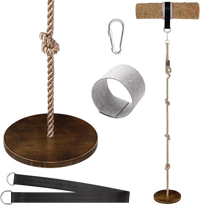 Yangbaga Wooden Round Disc Rope Swing 51”73” Adjustable Climbing Rope Tree Swing with Hanging Strap Snap Hook and Felt Protectors for Kids Outdoor Brown