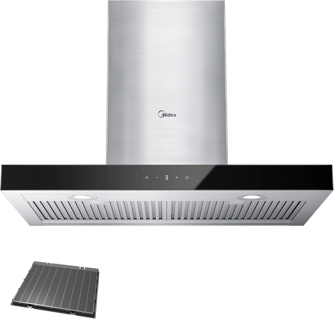 Midea MVT30W9AST Range 30 Inch 450CFM Vent T Shape Stove Hood with 5-Layer Aluminum Permanent Filters Kitchen Exhaust Fan, Ductless Convertible, 3 Speed, Stainless Steel