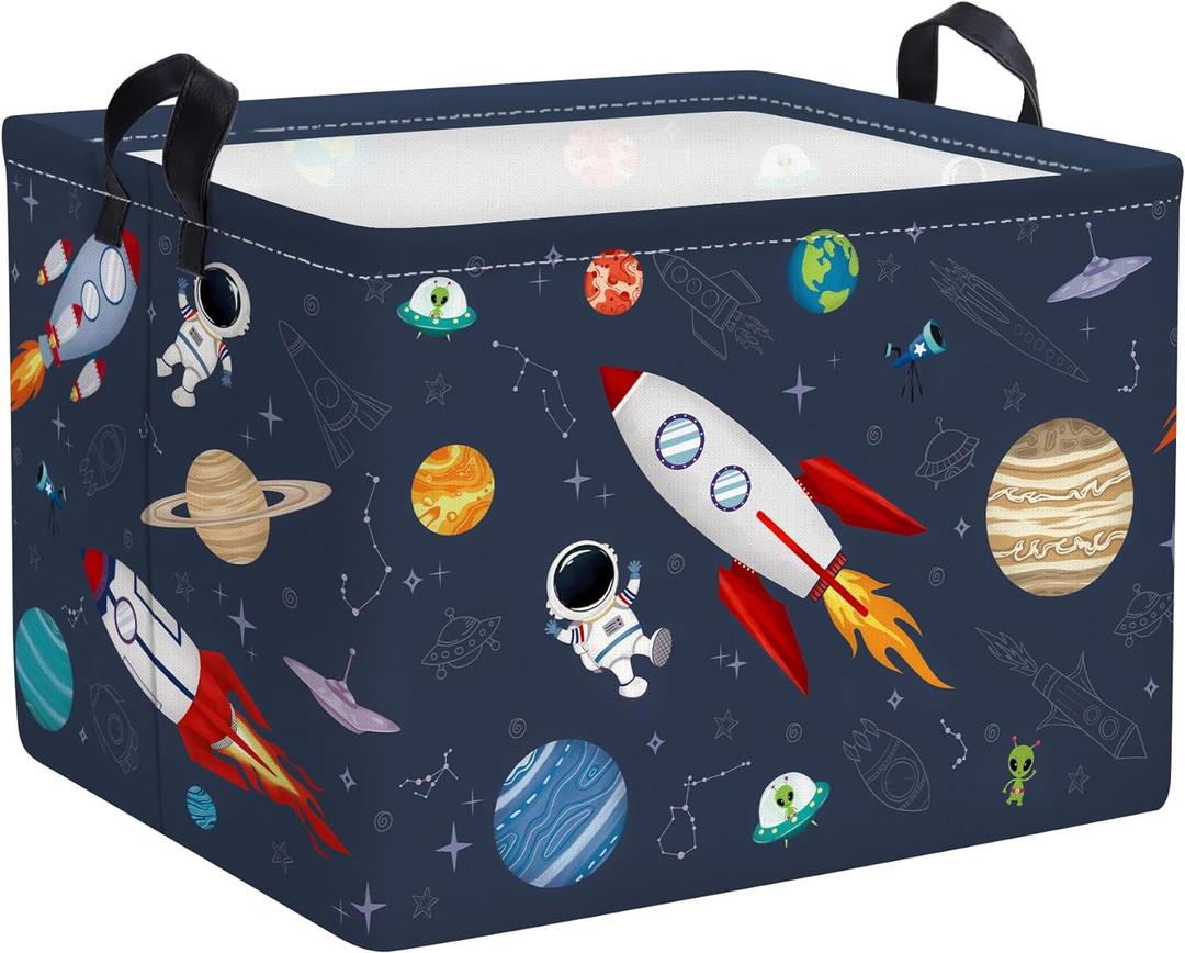 Clastyle Rocket Astronaut Shelf Basket for Boys Cosmic Planet Universe Blue Storage Bin Rectangle Clothes Books Toy Storage Cube, 36L