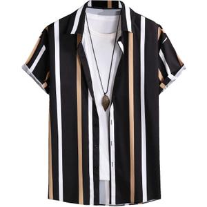 WDIRARA Men's Striped Button Front Short Sleeve Shirt Top Casual Shirts Collar Tops (Medium, Black)