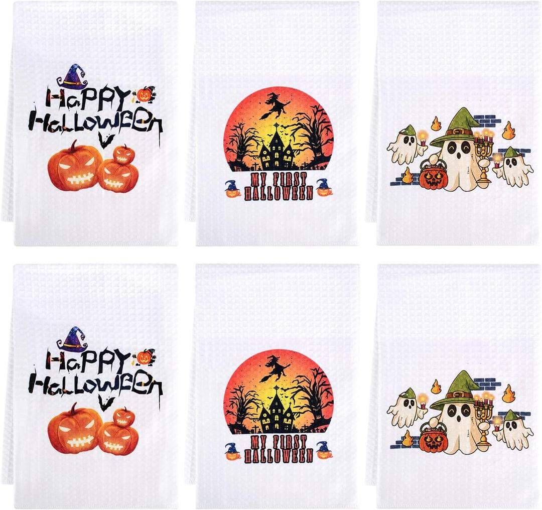 SUNLAND Halloween Kitchen Towels Home Decorative Holiday Kitchen Towel Fast Drying Tea Towel Night of Terror, Trick or Treat,Pumpkin and Ghost Dish Towels 16 Inch X 24 Inch Set of 6
