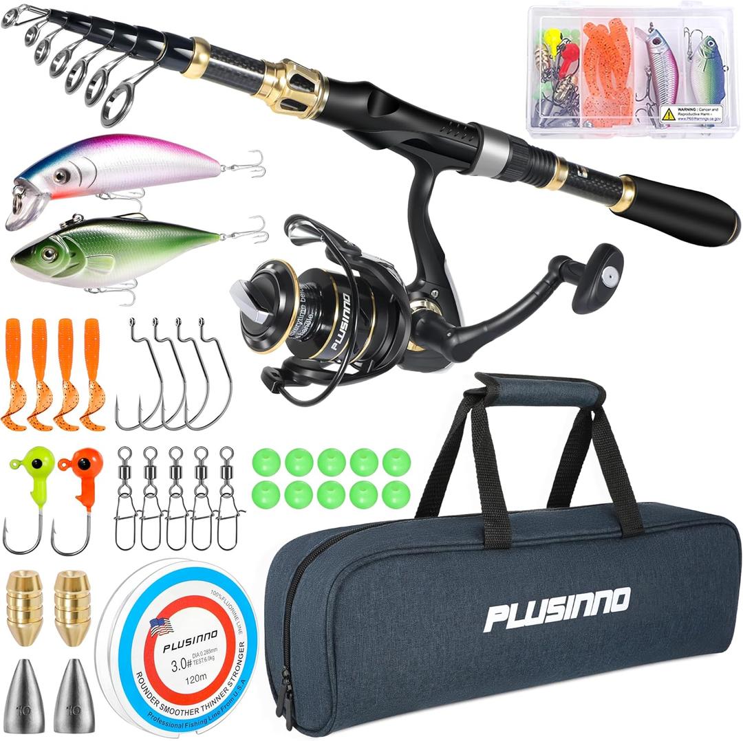 PLUSINNO Fishing Rod and Reel Combo,Fishing Pole,Telescopic Fishing Rod Kit with Spinning Reel, Telescopic Fishing Pole with Carrier Bag for Freshwater Saltwater for Men Women (1.8M 5.91 FT)