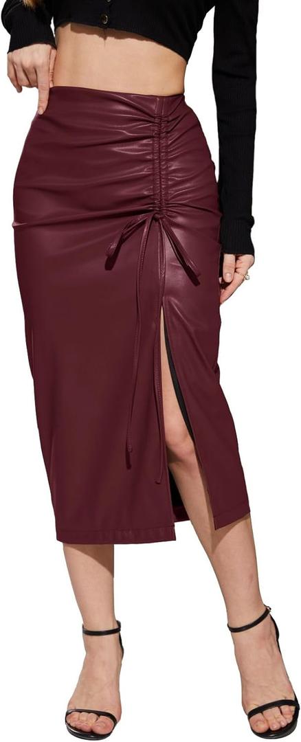 Women's Faux Leather Long Skirt High Waisted Asymmetrical Trendy Side Slit Work Pencil Midi Skirts for Women (Burgundy)