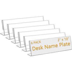 6 Pack 10" W x 2" H Acrylic Office Name Plates Name Labels for Desks, Horizontal Slant Back Clear Desk Sign Holder for Table Display