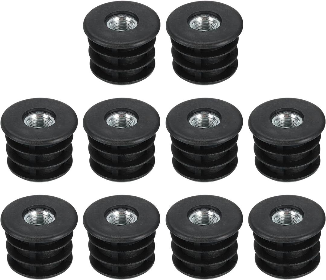 UXCELL 10Pcs M8 Thread Inserts for 25mm Round Tube, Black Plastic Plugs for Furniture Legs, Chair End Caps