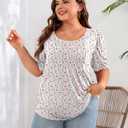 Ficerd Women's Plus Size Puff Short Sleeve Tunic Tops Crew Neck Pleated Blouses Summer Casual T Shirt Blouse 1X-5X (White, XL)