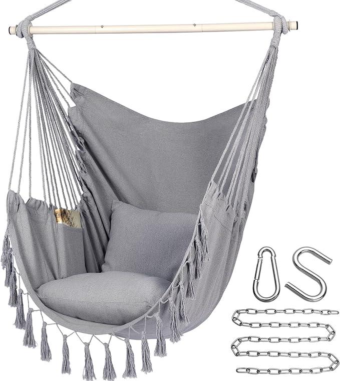 Y- STOP Hammock Chair Hanging Rope Swing Chair, Max 500 Lbs, 2 Seat Cushions Included, Removable Steel Spreader Bar with Anti-Slip Rings, Hardware kit-for Indoor Outdoor(Dark Grey) pcs