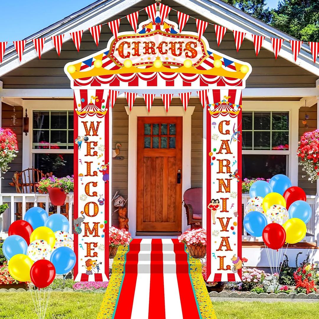 ShinyRelief 25 Pcs Carnival Circus Party Decorations Circus Tent Decorations Welcome Carnival Entryway Door Party Decor Awning Hanging Banner Pennant Flag Aisle Runner Balloon Set Birthday Supplies