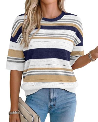 Plus Size Clothes for Women Fall Fashion Clothes 3/4 Length Sleeve Womens Tops Crochet Sweater Tunic Loose Fit Dressy Striped Navy Blue Color Block XL