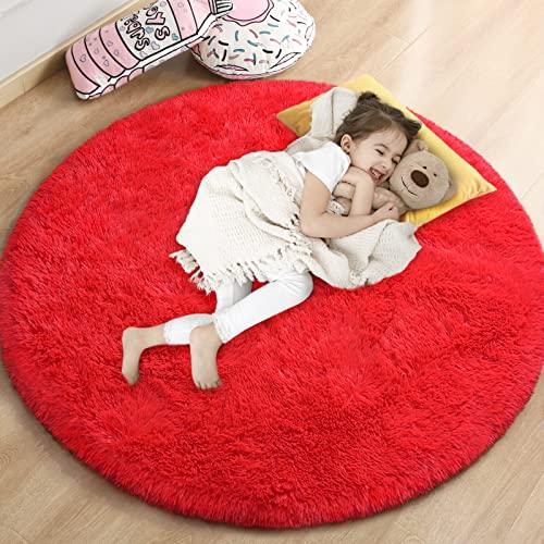 Gifeas Red Round Rug for Girls Bedroom, Fluffy Circle Carpet 46'' for Kids Room Decor Shaggy Circular Rug for Baby Nursery Dorm Upgrade Fuzzy Plush Rug for Living Room Cute Room Decor for Teens Baby