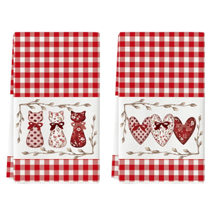 Artoid Mode Red Buffalo Plaid Love Heart Cat Valentine's Kitchen Towels Dish Towels, 18x26 Inch Anniversary Wedding Decoration Cleaning Set of 2