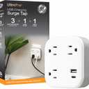 GE UltraPro 3-Outlet Surge Protector, Outlet Extendor with USB, Wall Tap, 1 USB-A, 1 USB-C, Adapter Spaced, for Home or Office, 900 Joules, Charging Station, White