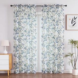 OWENIE Leaf Sheer Curtains 84 Inches Long 2 Panels Set, Farmhouse Light Filtering Printed Crushed Semi Sheer Patterned Curtains for Bedroom Living Room, Rod Pocket, Each 42" W x 84" L