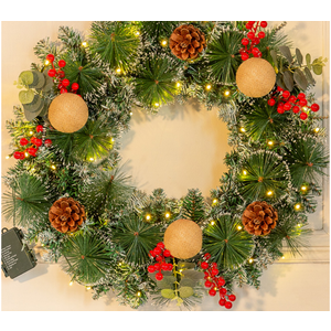 24 Inch Prelit Artificial Christmas Wreath with Lights, Lighted Xmas Wreaths for Front Door with 60 LED Battery Operated 8 Modes Remote Control Timer, Indoor Outdoor Wall Christmas Decorations
