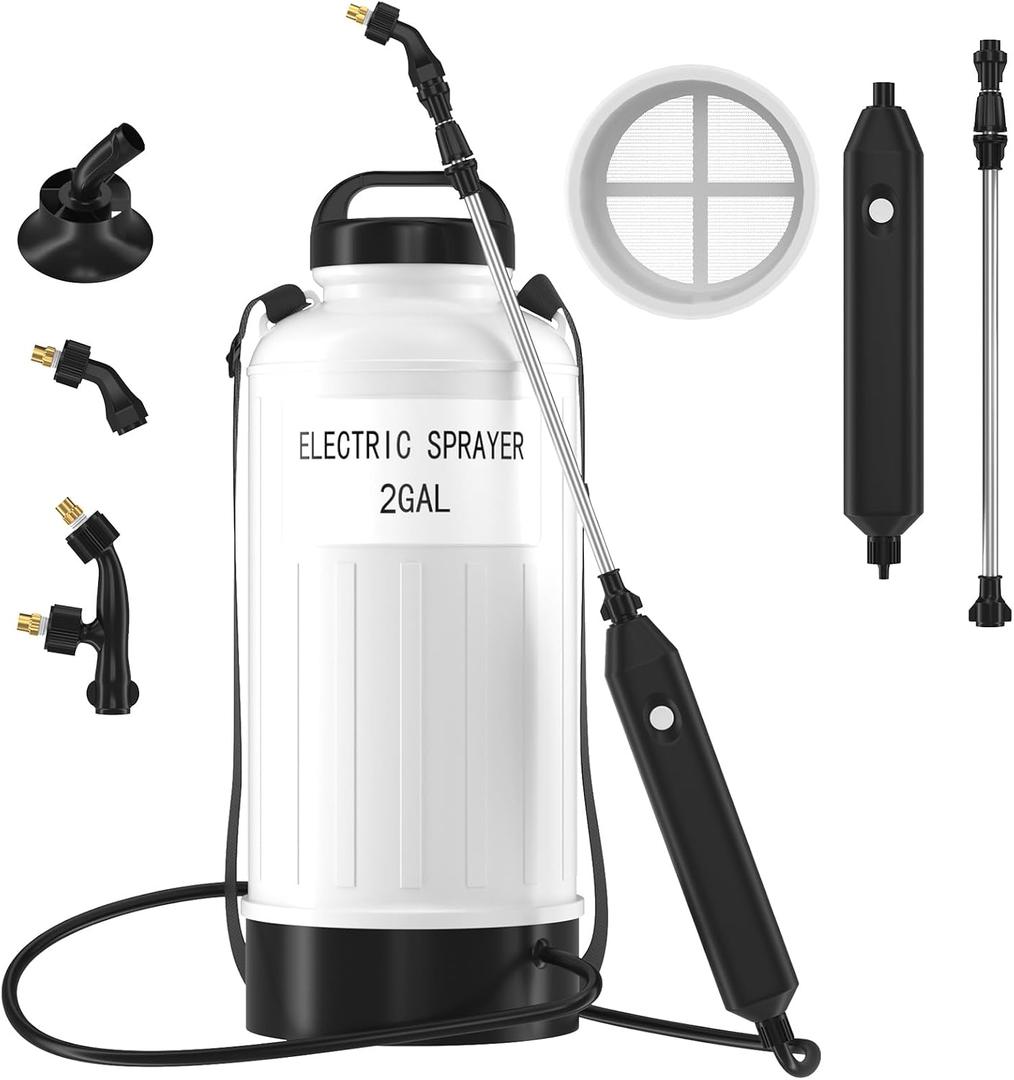 Battery Powered Electric Sprayer 2 Gallon Garden Pump Sprayer, Retractable Wand, 3 Mist Nozzles, USB Rechargeable Handle & Adjustable Shoulder Strap for Yard Lawn Planting