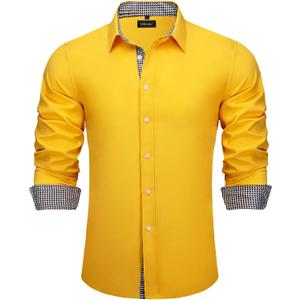 DiBanGu Mens Stretch Dress Shirt Long Sleeve Button Down Shirt Cotton Business Casual Shirts with Inner Contrast Wedding Prom (Yellow, XXXL)