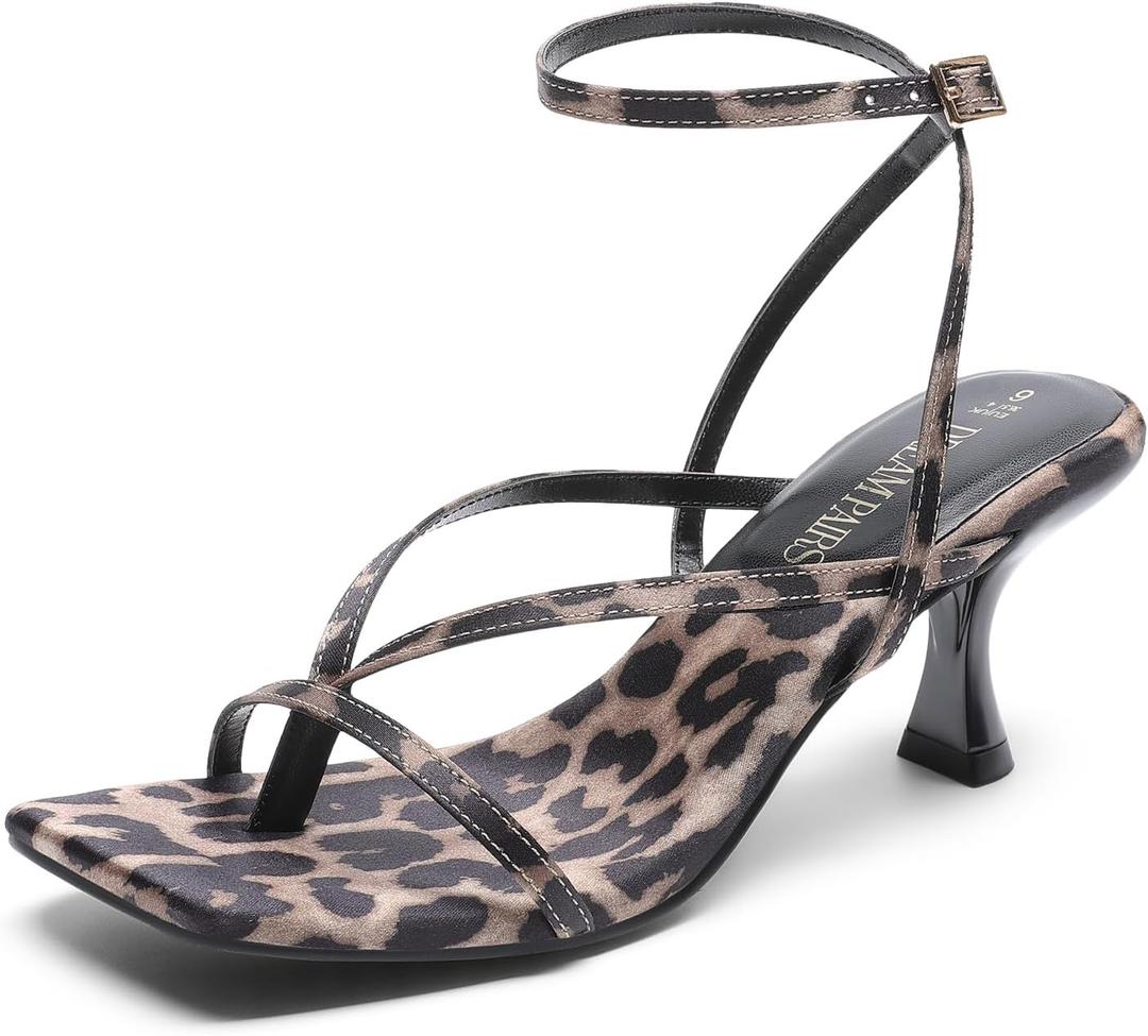 DREAM PAIRS Women's kitten Low Strappy Lace Up Heels Open Square Toe Thong Ankle Strap Heels Sexy Fashion Comfort Dress Shoes Party Sylvestra Pumps Heeled Sandals (7.5, Leopard)
