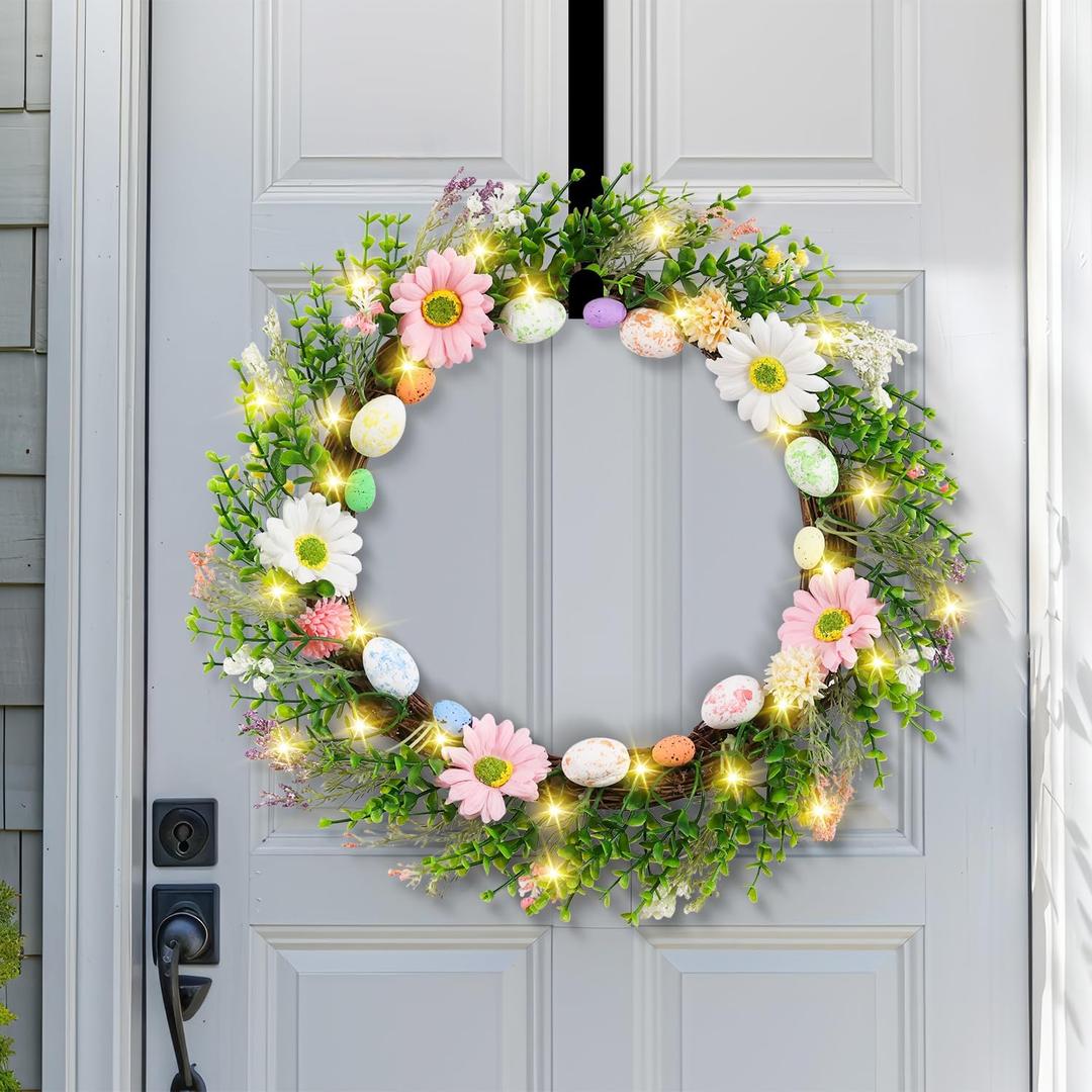 18 Inch Light up Easter Spring Wreath Artificial Flower Wreath with A Hook Colorful Eggs Berries Bow Knot for Front Door Easter Summer Farmhouse Wall Home Window Decor