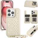 for iPhone 16 Pro Wallet Case with Card Holder Slots and Strap, RFID Blocking Magnetic Flip Folio Cover, Crossbody Purse Protection Case with Kickstand,Beige Diamond
