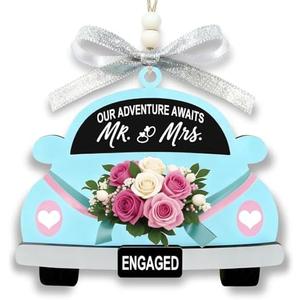 Valentine’s Day Engagement Gift for Couples – “Our Adventure Awaits” Wooden Car Hanging Ornament, Just Engaged Keepsake for Future Mr & Mrs, Romantic Bride to Be Gift, Blue and Pink, Pack Of 2