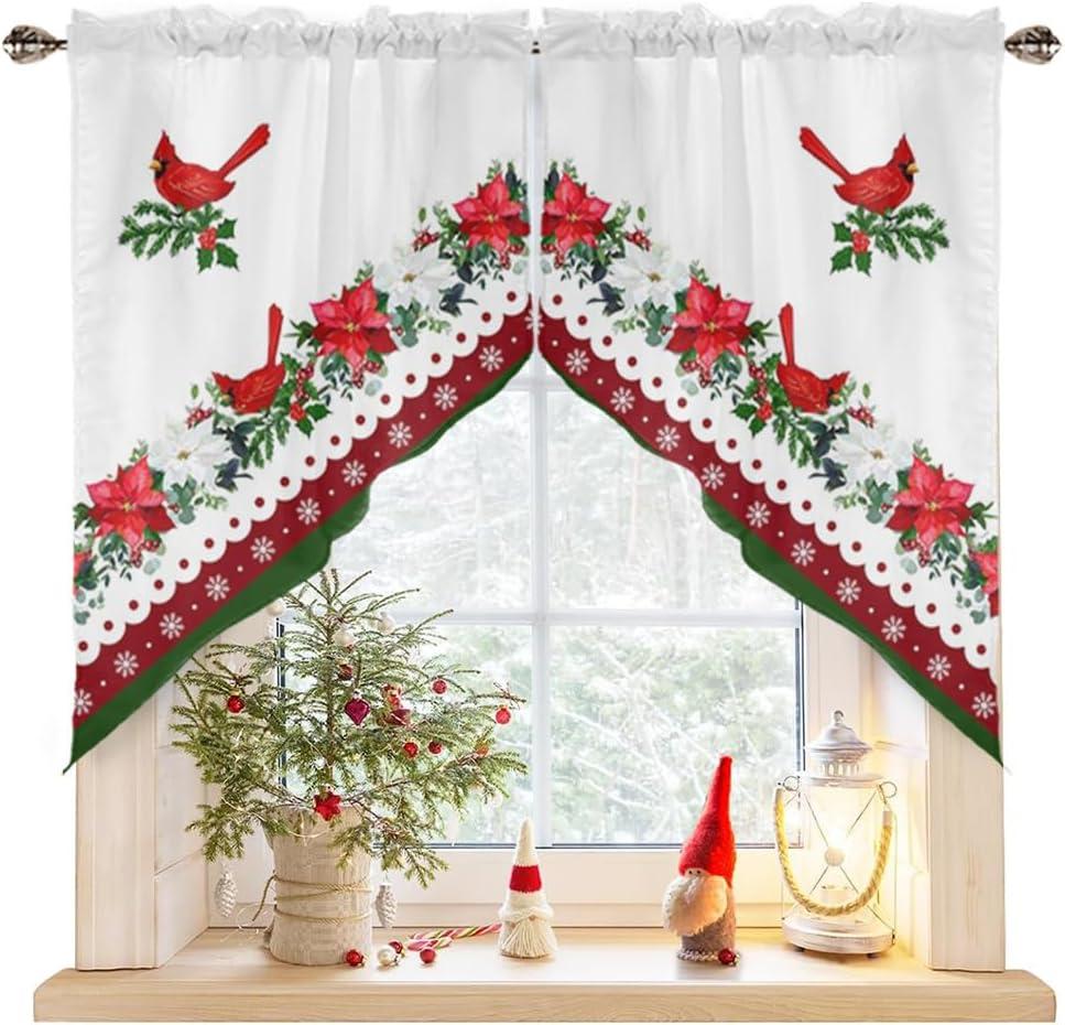 Christmas Poinsettia Swag Curtain Valance for Kitchen, Retro Cardinals Light Filtering Short Swag Topper for Windows Bedroom Bathroom Privacy Added Rod Pocket Design, 28"Wx36"L-2PCs, Red and White