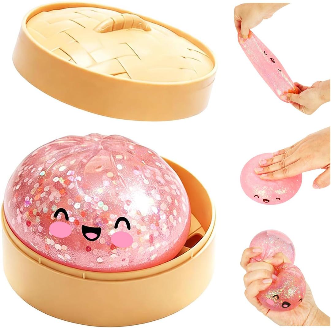 Glitter Dumpling Squishy Box Real Squishy Dumplings Squishies Fidget Toys Adults & Teens Large Adults Anxiety Relief Squeeze Toy for Boys Girls Easter Basket Stuffers (Pink)