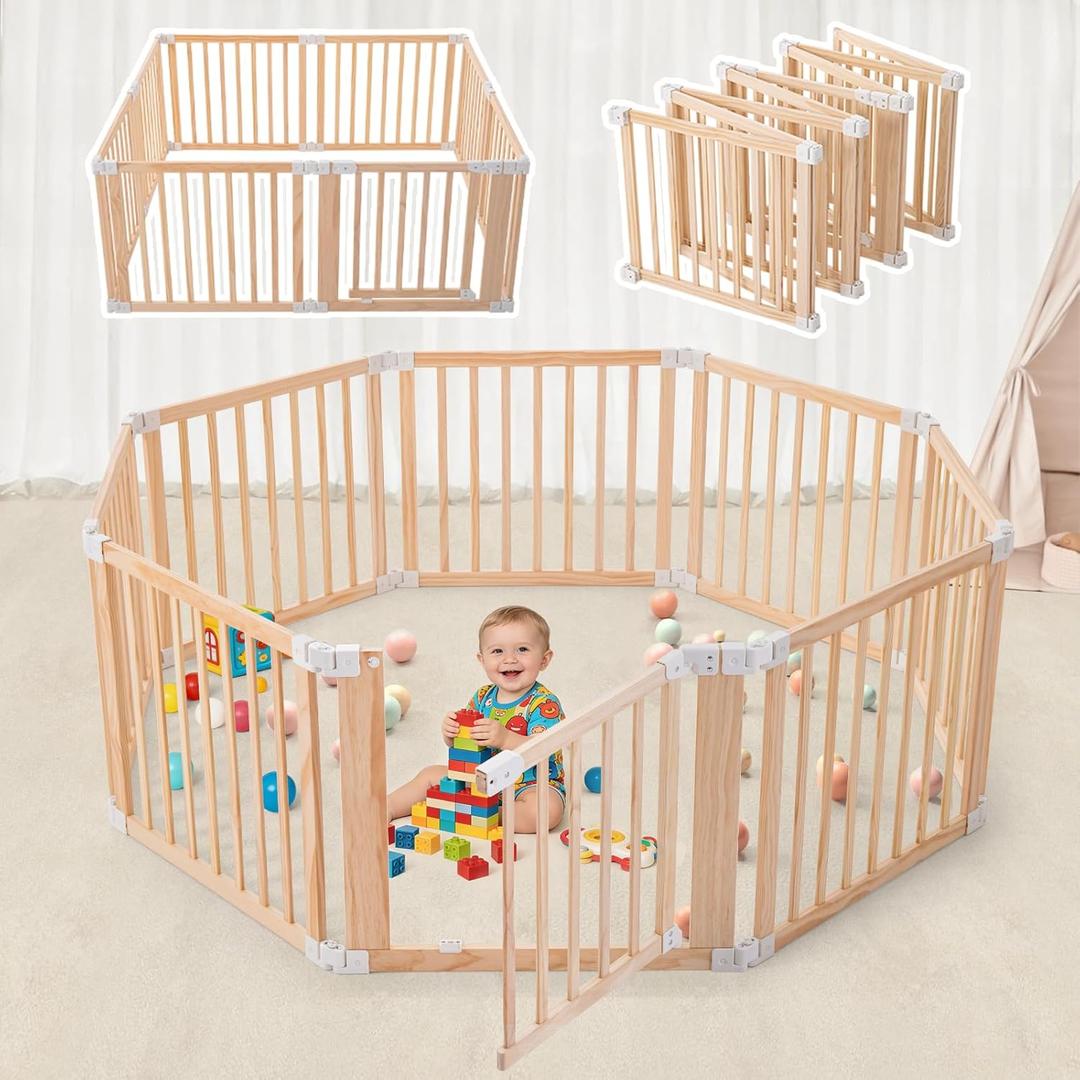 Foldable Wooden Playpen-61"x61"x25"-Large Baby Gate Playpen with Child-Proof Lock-Easy Assembly, Portable Design for Babies & Toddlers- Shape& Size Adjustable Baby Fence Play Area(Wood, 8 Panel)