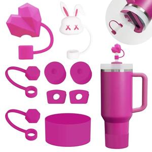 Stanley Cup Accessories Set Including 6 Pcs Silicone Spill Proof Stopper, 2 Pcs Straw Cover Cap for 9-10 mm Straws, 1 Pcs Silicone Boot for Stanley Cup Stanley 40oz & 30oz Tumbler (Fuchsia)
