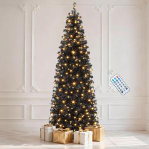 DWVO Pre-Lit Slim Artificial Pencil Tree 6ft, Black Hinged Design for Halloween and Christmas with 700 Branch Tips and 200 Lights, Ideal for Office, Home, and Party Decor with Remote Control