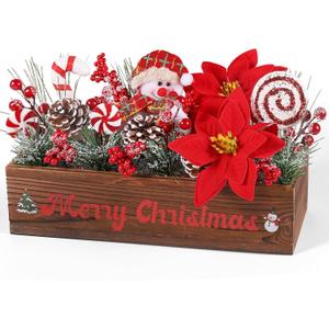 Christmas Table Centerpieces Artificial Floral Arrangements Wooden Crate, Potted Plant with Snowman Red Berries Picks Pine Cones Candy for Christmas Winter Tiered Tray Shelf Table Home Farmhouse Decor
