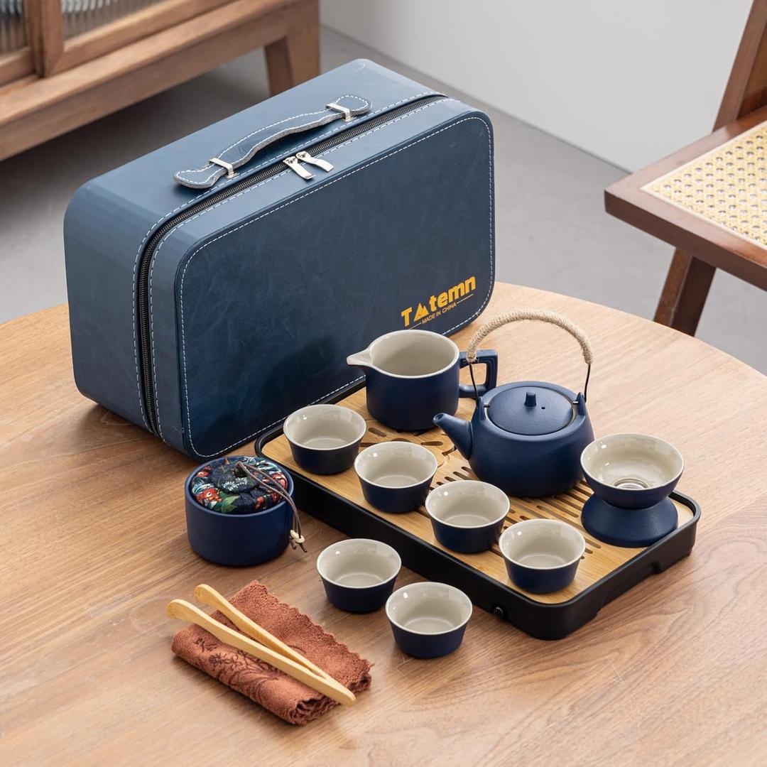 14-Piece Portable Ceramic Travel Tea Set - Chinese Kung Fu Tea Kit with Bamboo Tray & Leather Carry Bag (Blue) for Home/Office/Camping/Gifting