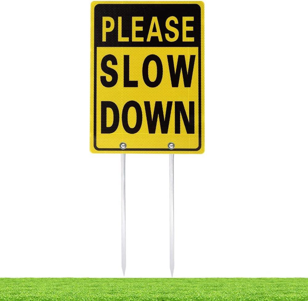 Kichwit Please Slow Down Sign, 16 Inch x 12 Inch/28 Inch High, Double Sided Aluminum Reflective Slow Down Sign with Metal Stakes