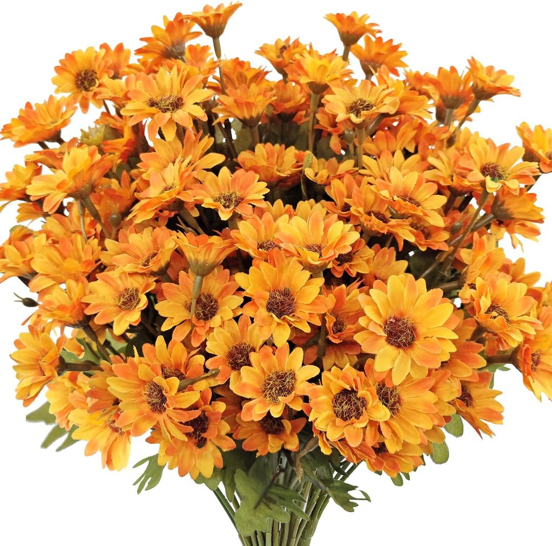 7 Bundles Fake Mums Artificial Fall Flowers for Outdoors Silk Daisy Floral Faux Mum Plants for Home Decor Indoor Outside Porch Pots Planters Potted Decorations (Orange)