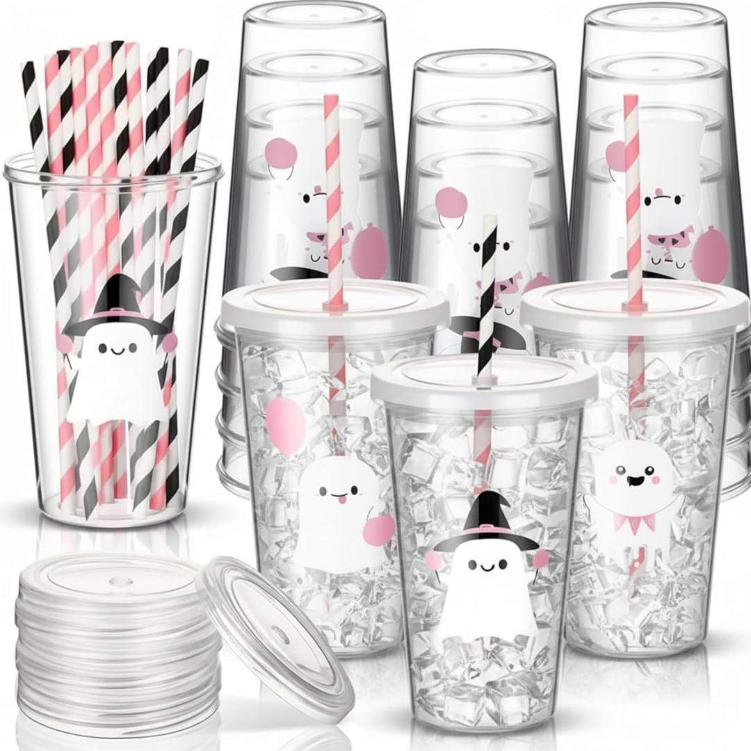 12 Pcs Halloween Plastic Ghost Cups with Straw and Lid Cute Pink White Ghost Cups for Drinks Halloween Decoration Party Favors