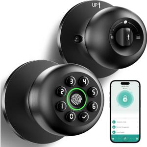 Fingerprint Door Lock, Smart Fingerprint Door Knob with Keypad, Biometric Door Lock with App Control, Auto Lock Door Lock with Code, Keyless Door Knob with Lock for Bedroom, Home,Office-Matte Black