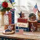 Vercraft 11 Pcs 4th of July Table Decorations Set Patriotic Tiered Tray Decor Retro Red White Blue Wood Block American Flag Decor for 250th Anniversary Independence Day Home Office Shelf