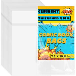 LOTMER 100 Pack Comic Book Sleeves, Current Size Comic Book Bags | Self Sealing Comic Bags Resealable Crystal Clear Comic Sleeves Thickened 4 Mil for Comic Book Storage and Protection