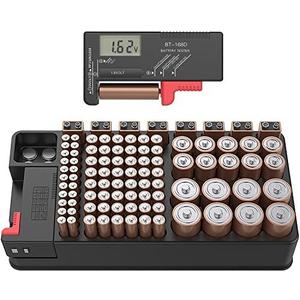 Battery Storage & Organizer Case with Tester, Stores & Protects Up to 110 Batteries, Holds AAA AA C D 9V Button Cell, Compact Design Home & Garage (Holds 110 Batteries)