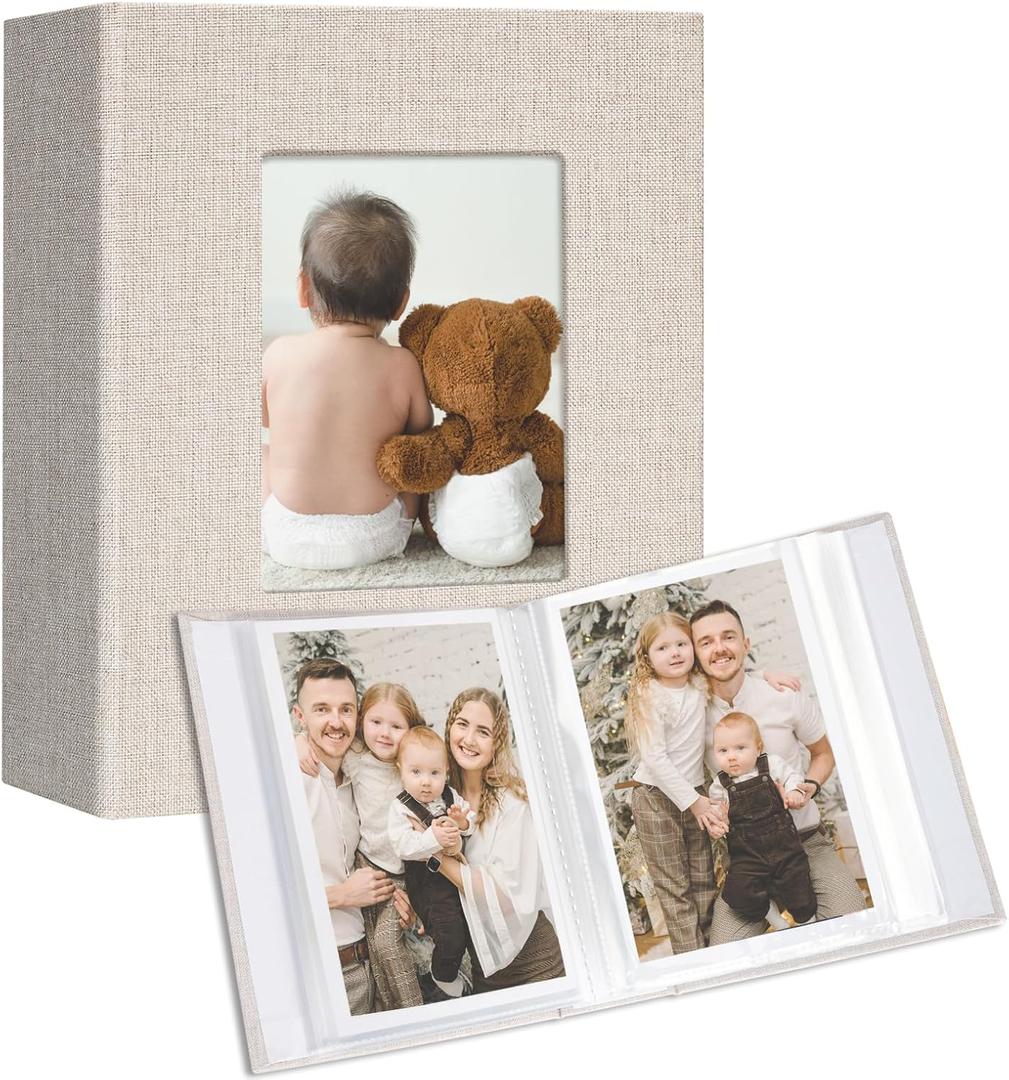 Vienrose Small Photo Album 4x6 holds 100 Photos 2 Pack, Mini Baby Photo Album Linen Cover for Gifts Wedding Family, Beige (4x6 50 Pockets)