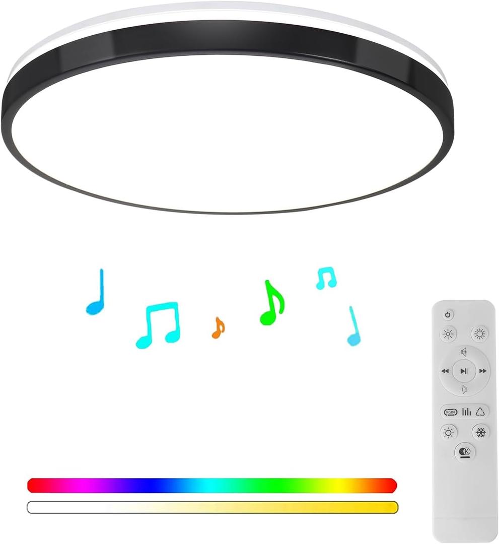 HOREVO 24W LED Ceiling Lamp Black Flush Mount Ceiling Light Fixture with Bluetooth Speaker with Remote Control,RGB Color Changing Light for Bedroom,Living Room,Bathroom,Kitchen.(Need Wired)