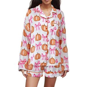 MBZJSDKHLK Women's Halloween Pajamas Set Silk Satin Ghost Pumpkin Print Long Sleeve Button Down Shirt 2 Piece Pjs Shorts Sets, XL