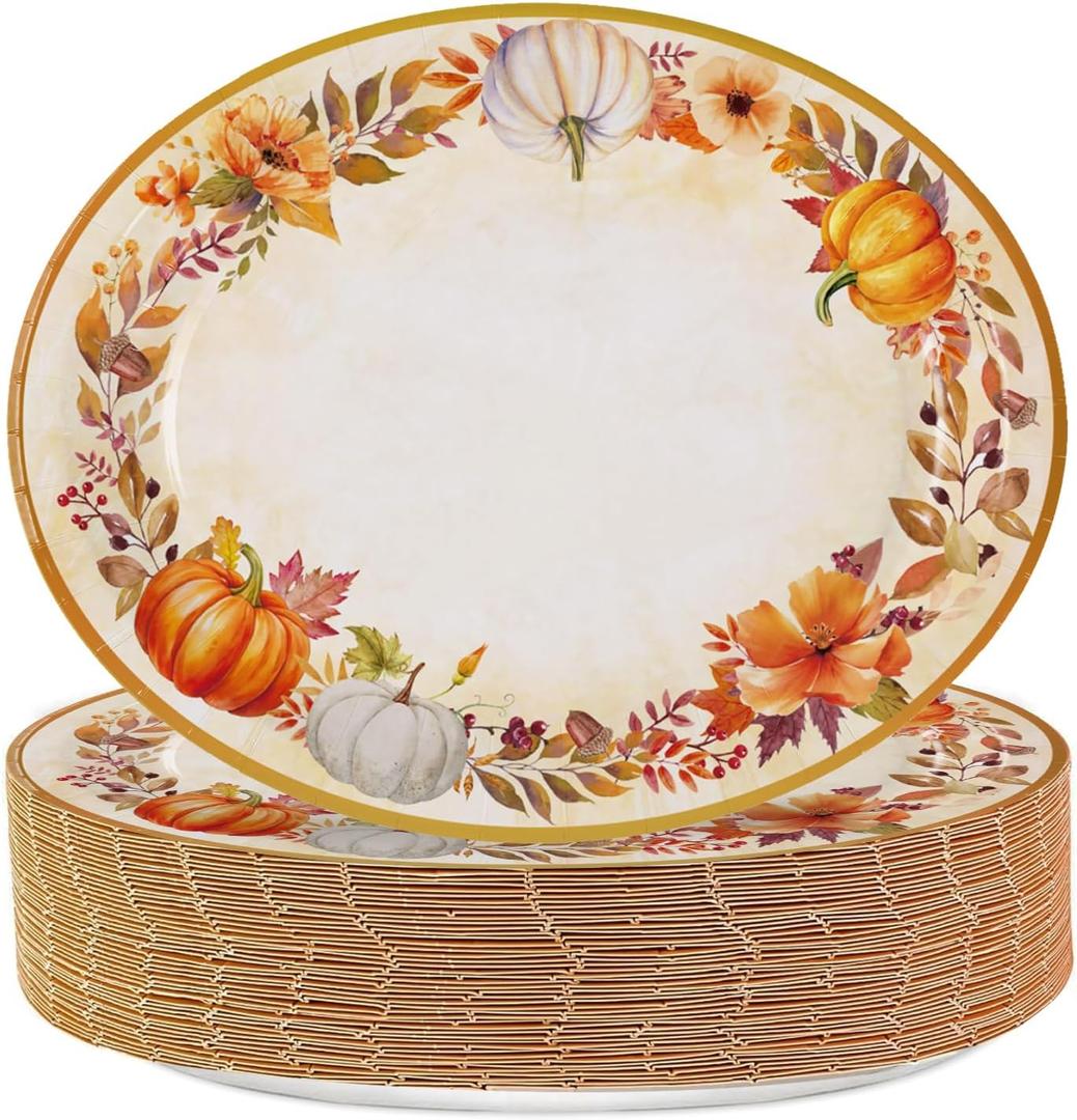 QIYANPAX Thanksgiving Paper Plates Large 9"x11" – Fall Watercolor Pumpkins Leaves Disposable Plates for Autumn Harvest Party, Dinner, Holiday Table Decor 25 PCS