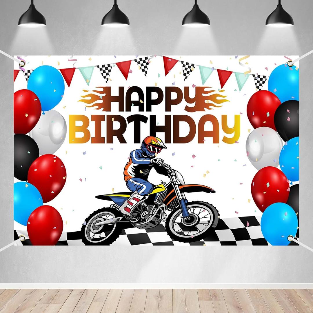 Dirt Bike Happy Birthday Banner Backdrop Motorcycle Motocross Racing Checkered Extreme Sport Theme Background Decor for Riders Boys Girls Birthday Party Favors Decorations Supplies 70.8x47.2in-BECKTEN